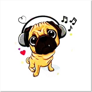 Sweet Pug Dog With Music Headphones Posters and Art